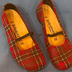 Stylish plaid footwear on display